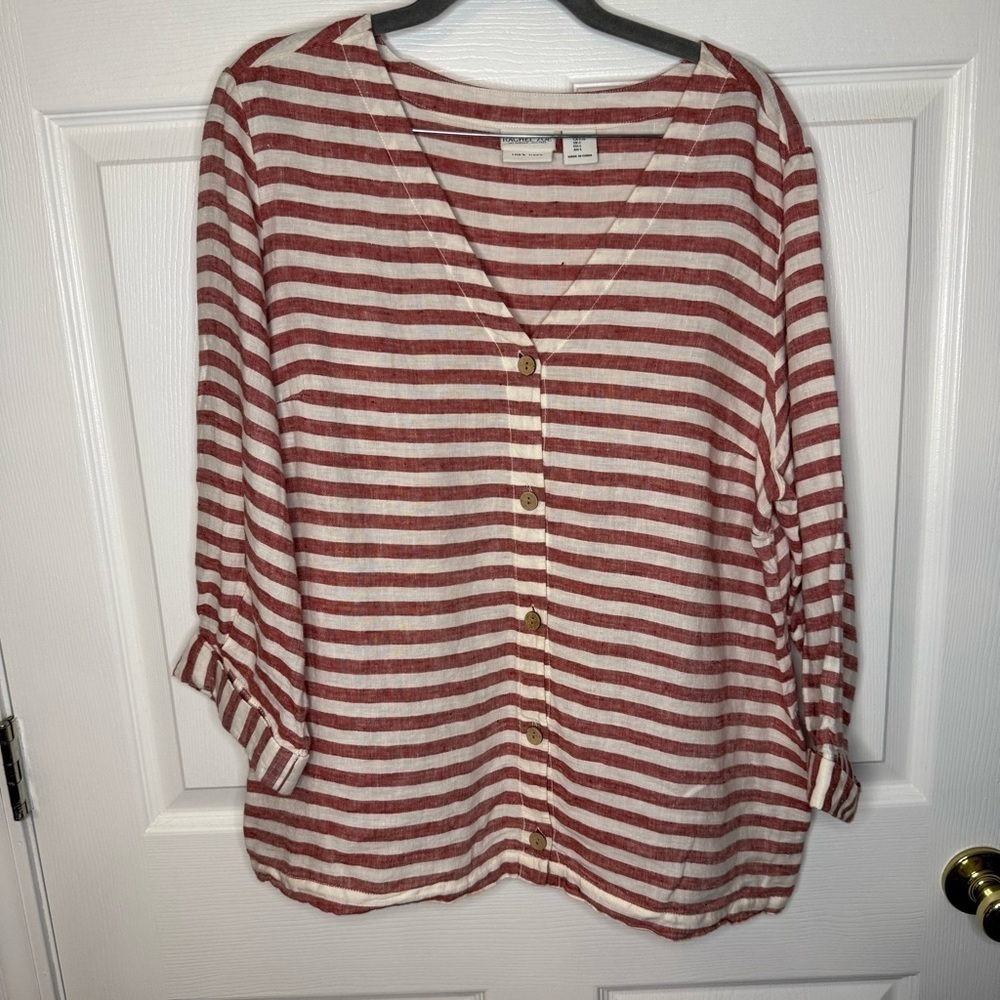Rachel Zoe Red and White Striped Blouse 100% Linen Size Large GUC